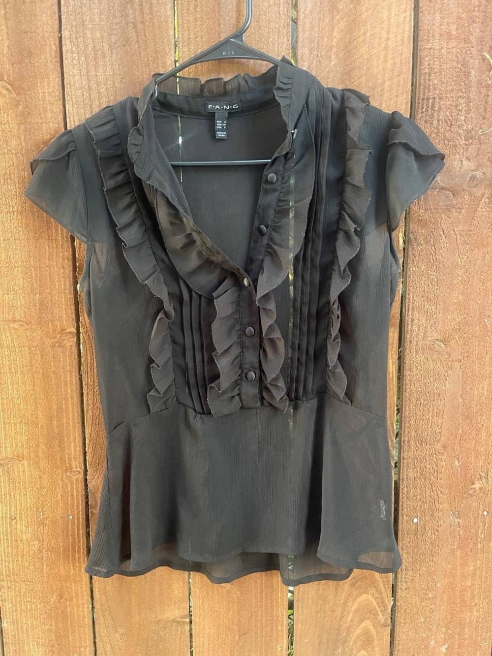 FANG Black Ruffle Sheer Whimsigoth Flowy Blouse w Button Front Sz S
